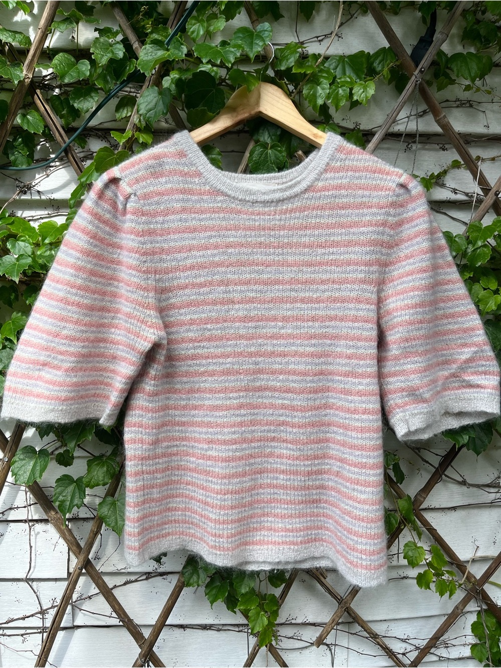 ba&sh Pink & Cream Striped Puff-Sleeve Crew Sweater